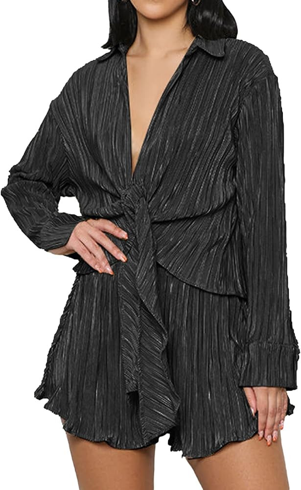 Women's 2 Pieces Outfits Pleated Deep V Neck Tie Front Long Sleeve Blouse with Shorts | Amazon (US)