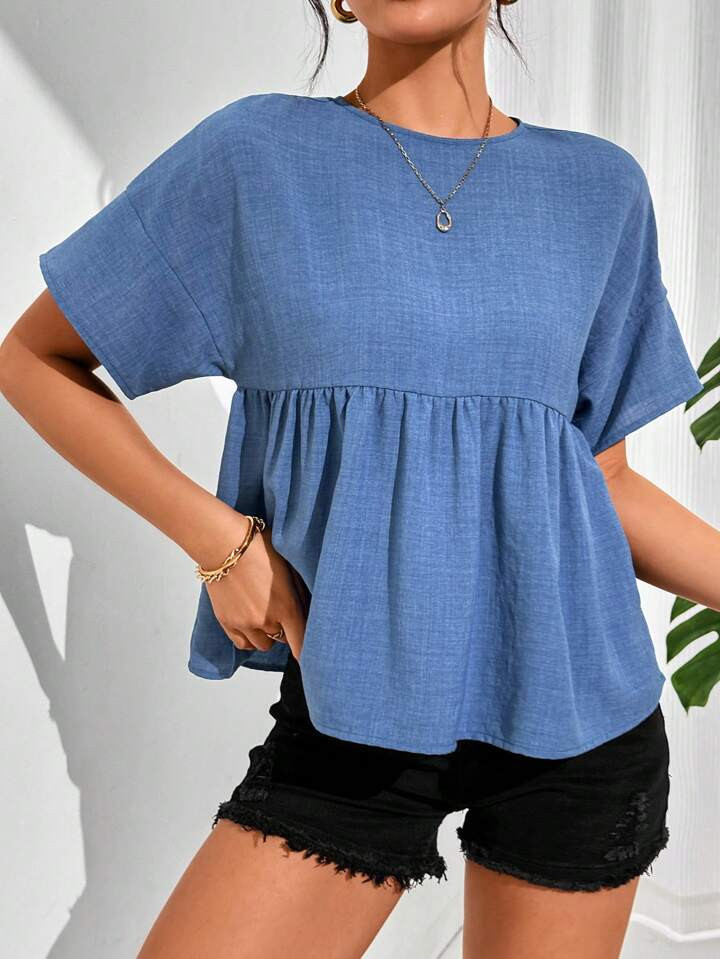SHEIN Essnce Women's Simple Solid Color Short Sleeve Shirt  Summer Tops Blue Dress Crop Women Top... | SHEIN