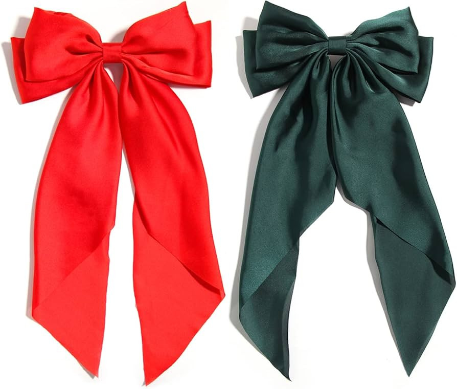Pack of 2 Big Bow Hair Barrette Clips Furling Pompoms Soft Satin Silky Bowknot with long Tail Fre... | Amazon (US)