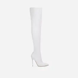 Alberta Pointed Toe Over The Knee Thigh High Long Sock Boot In White Ribbed Knit | EGO Shoes (US & Canada)