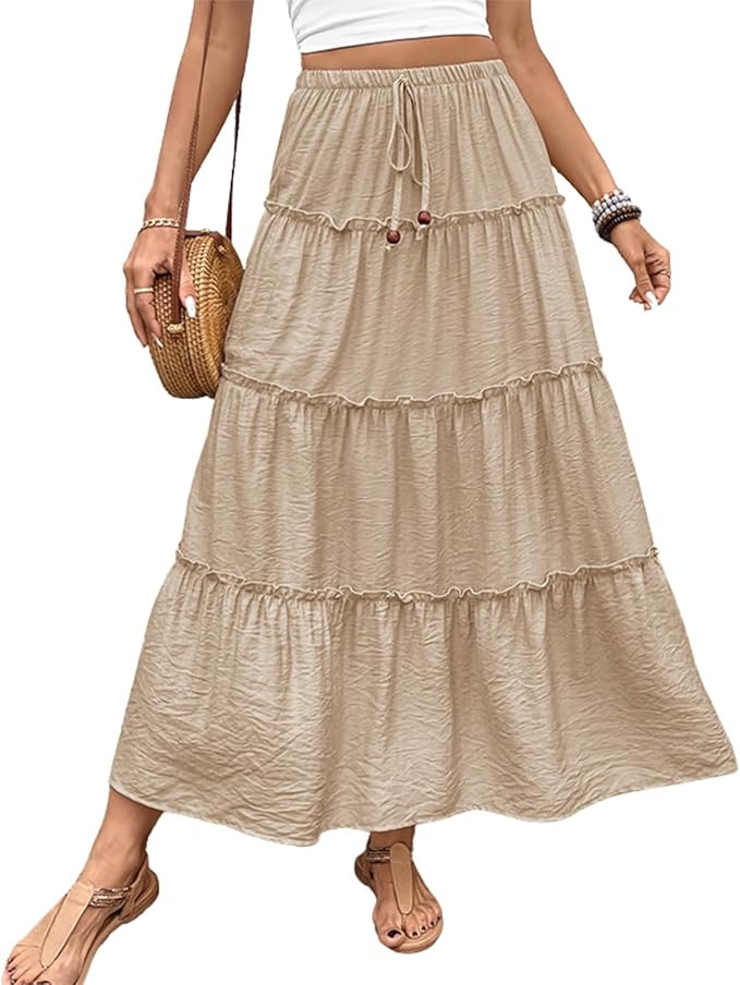 Women's 2025 Summer Boho Maxi Skirt Flowy Ruffle A-Line Elastic High Waist Pleated Tiered Beach L... | Amazon (US)
