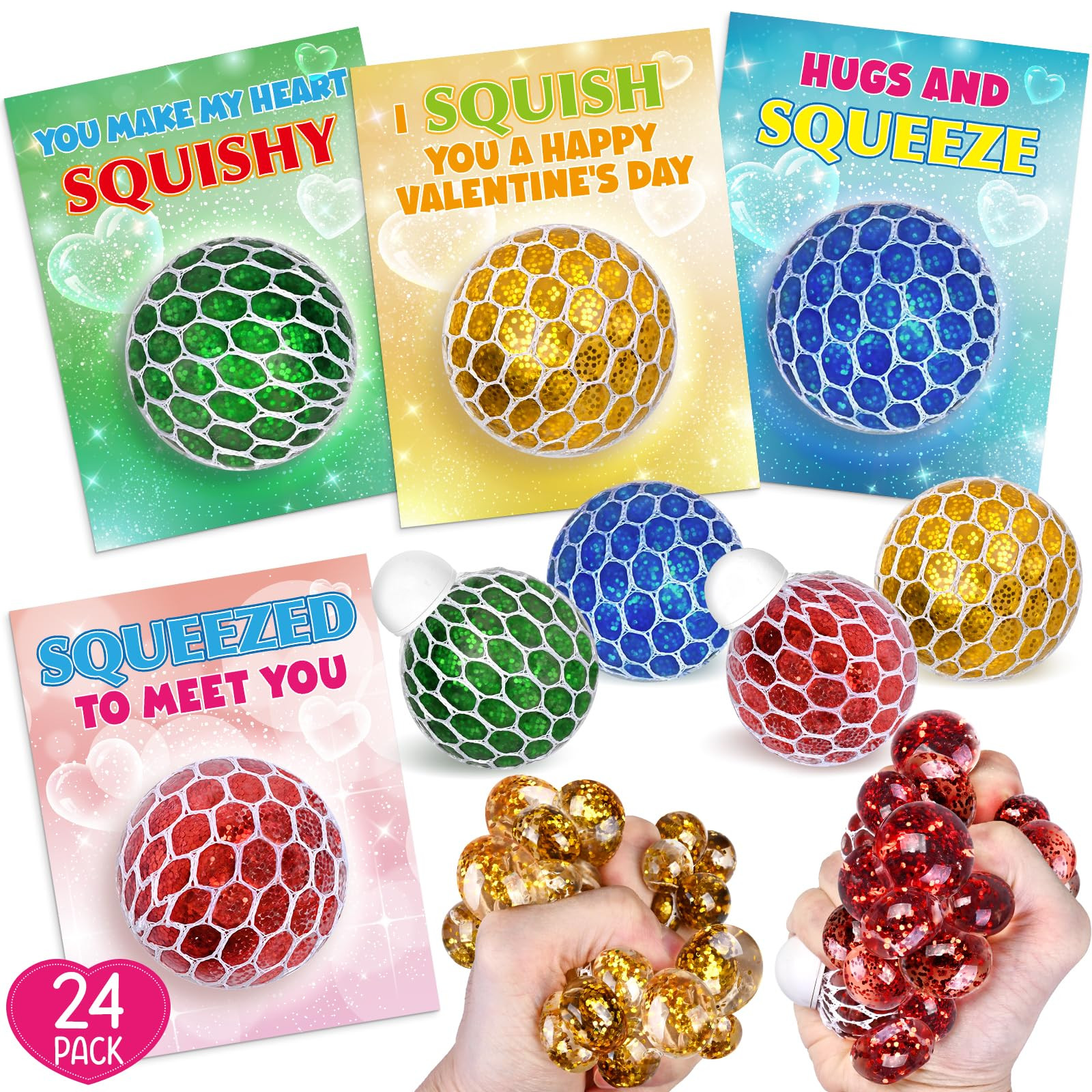Valentines Day Cards for Kids School Classroom, 24 Stretch Squeeze Balls Fidget Toys with Valenti... | Amazon (US)