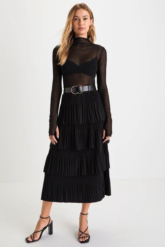 Stylish Fascination Black Pleated Tiered Midi Skirt | Lulus (US)