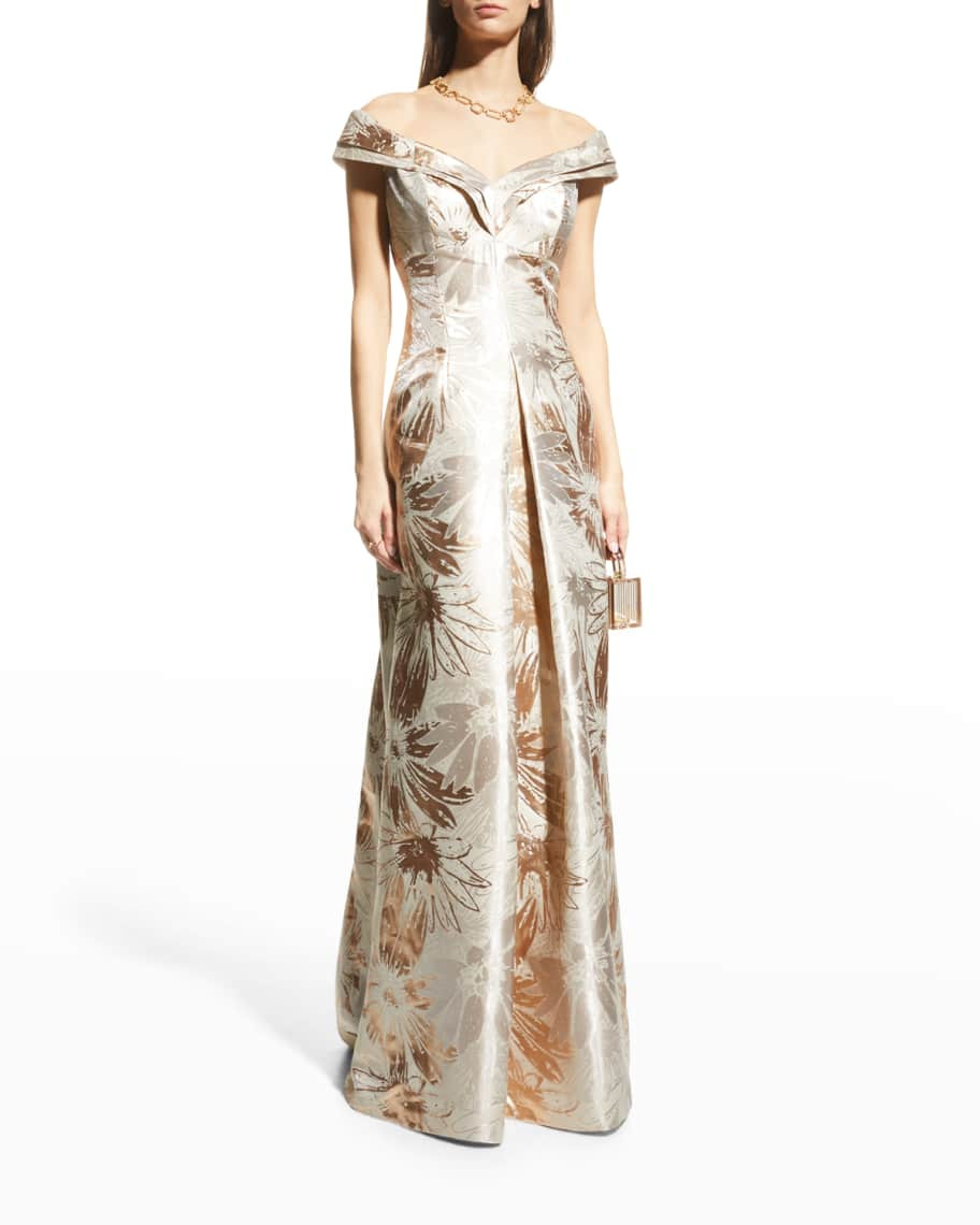 Rickie Freeman for Teri Jon Off-Shoulder Metallic Floral Jacquard Gown | Neiman Marcus