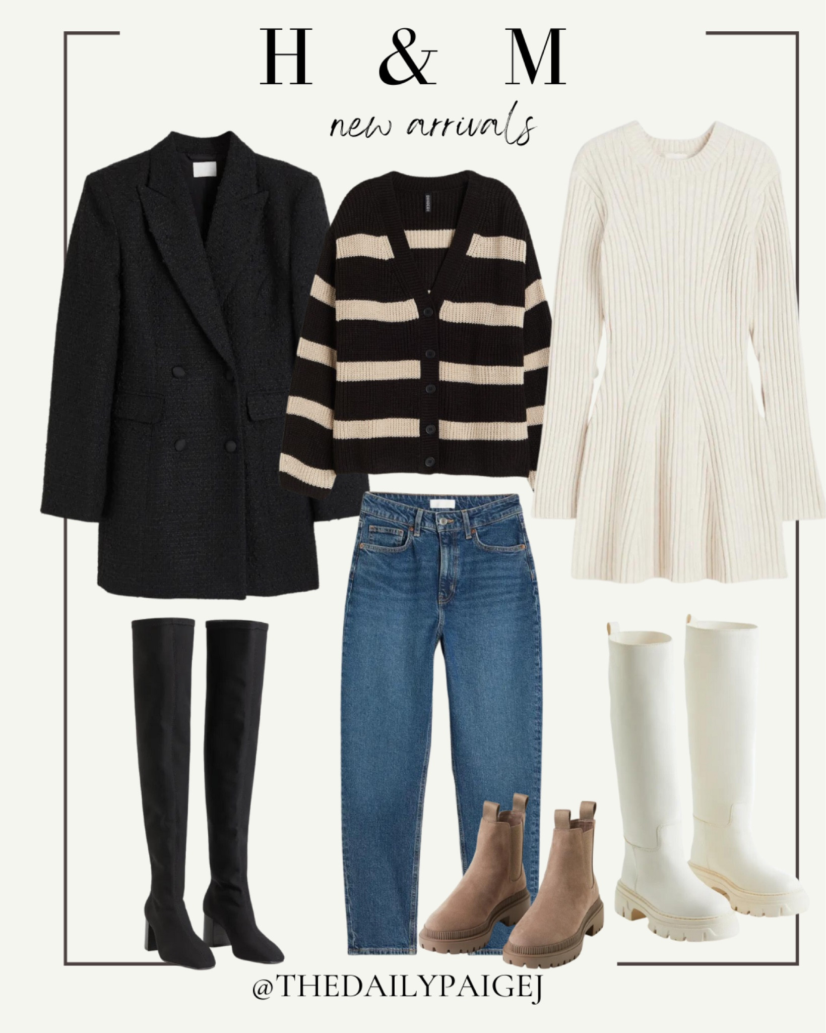 Whether your new fall purchases are dressy or causal, H & M new arrivals have a lot to choose from. A black blazer dress with knee high black boots is great for fall workwear or a dressier event. If you’re looking for something lighter, but dressier, this knit long sleeve short dress is perfect for a fall night out with friends or work wear as well. If your looking for an outfit to go to the pumpkin patch of for causal Friday at work, a black and cream striped cardigan with medium denim jeans are Percy. Pair all the three outfits with boots or booties and you’re ready for fall. 

Fall outfit, striped sweaters, fall denim, black denim, light wash denim, loafer, fall sweaters, fall vests, neutral outfit, cropped sweaters, fall fedora, black and white, Autumn outfits, autumn fashion, autumn colors, autumn jacket, autumn jeans outfit, autumn jacket womens, autumn street style, fall outfits women, fall outfits under $50, fall dresses, fall footwear, summer transition, pumpkin picking outfits, fall work wear, fall cardigans, fall booties, fall tall boots, what to wear to work, knit dresses, blazer dresses

#LTKshoecrush #LTKSeasonal #LTKunder100