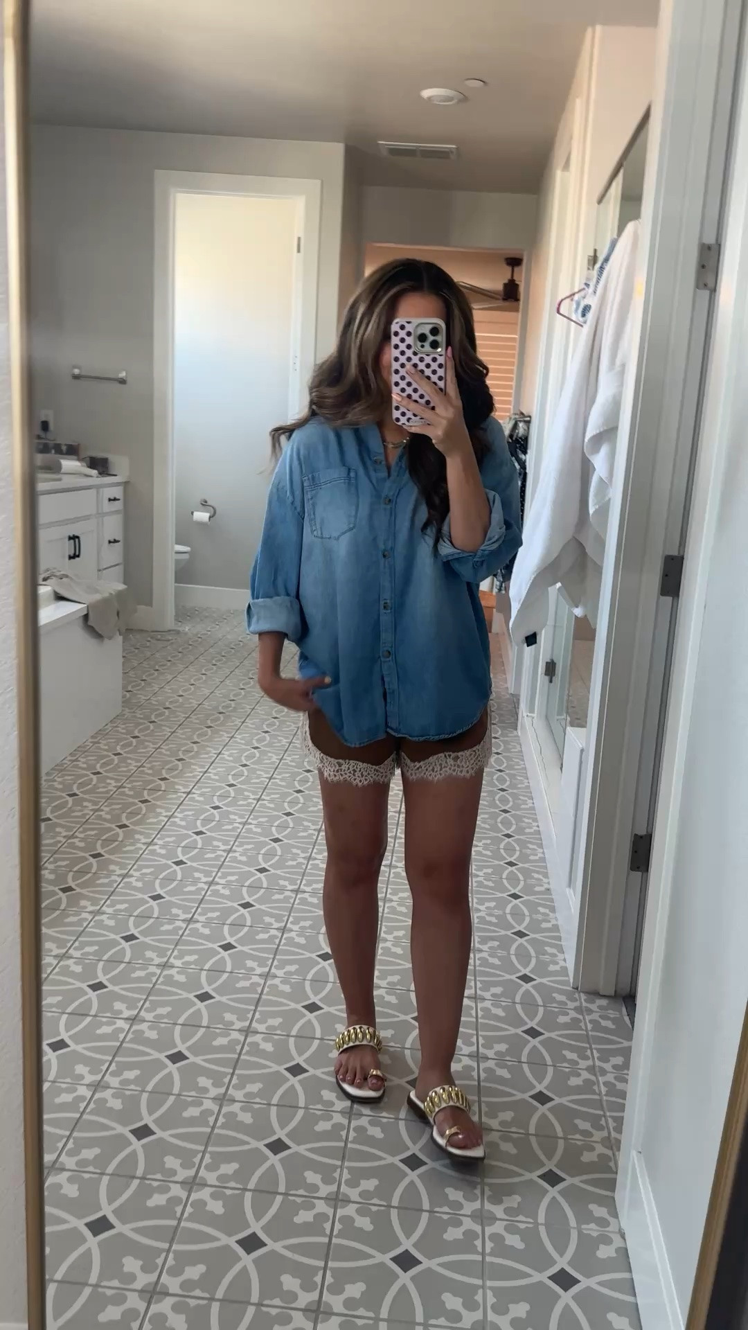 Old navy denim button up shirt. Wearing xs
Aritzia satin lace shorts. Wearing xs

#LTKgrwm #LTKootd #LTKPetite