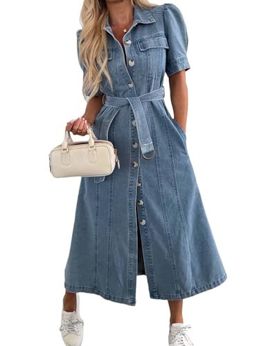 Denim Dress for Women Puff Short Sleeve Button Front Midi Jean Dresses with Belted,Blue,Small | Amazon (US)