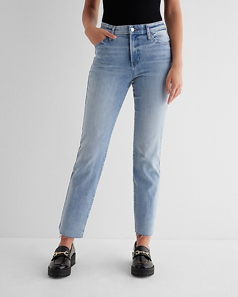 High Waisted Light Wash Raw Hem FlexX Straight Ankle Jeans | Express