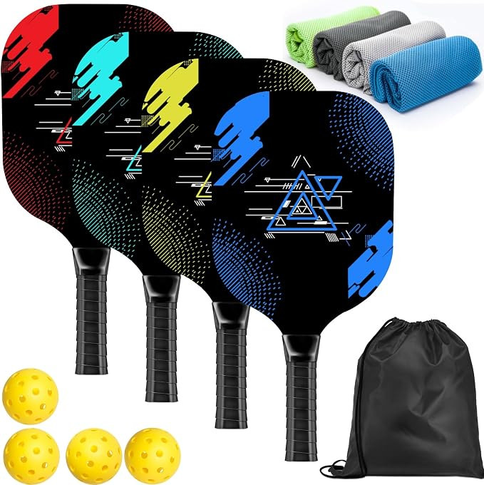 Pickleball Set with 4 Premium Wood Paddles, Cushion Comfort Grip, 4 Cooling Towels, 4 Pickleball ... | Amazon (US)