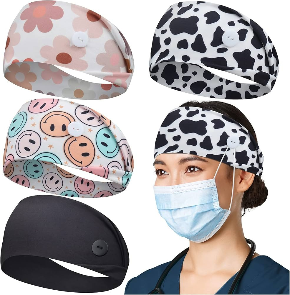 ABAMERICA Headbands with Button for Mask, Wide Nurses Headbands Non Slip Elastic Ear Protection f... | Amazon (US)