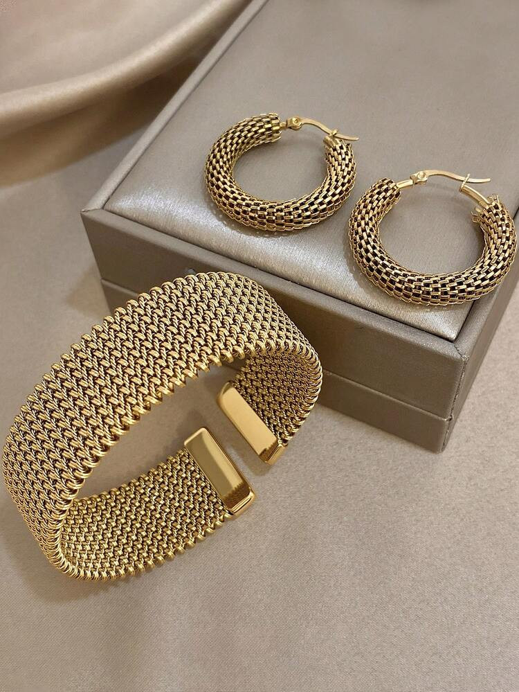 Minimalist Vintage Woven Earrings & Bracelet Set, Women's Gold Open Bangle Bracelet, Stainless Steel Bracelet, Suitable For Halloween, Christmas Party Wear, Jewelry Set, Gift | SHEIN