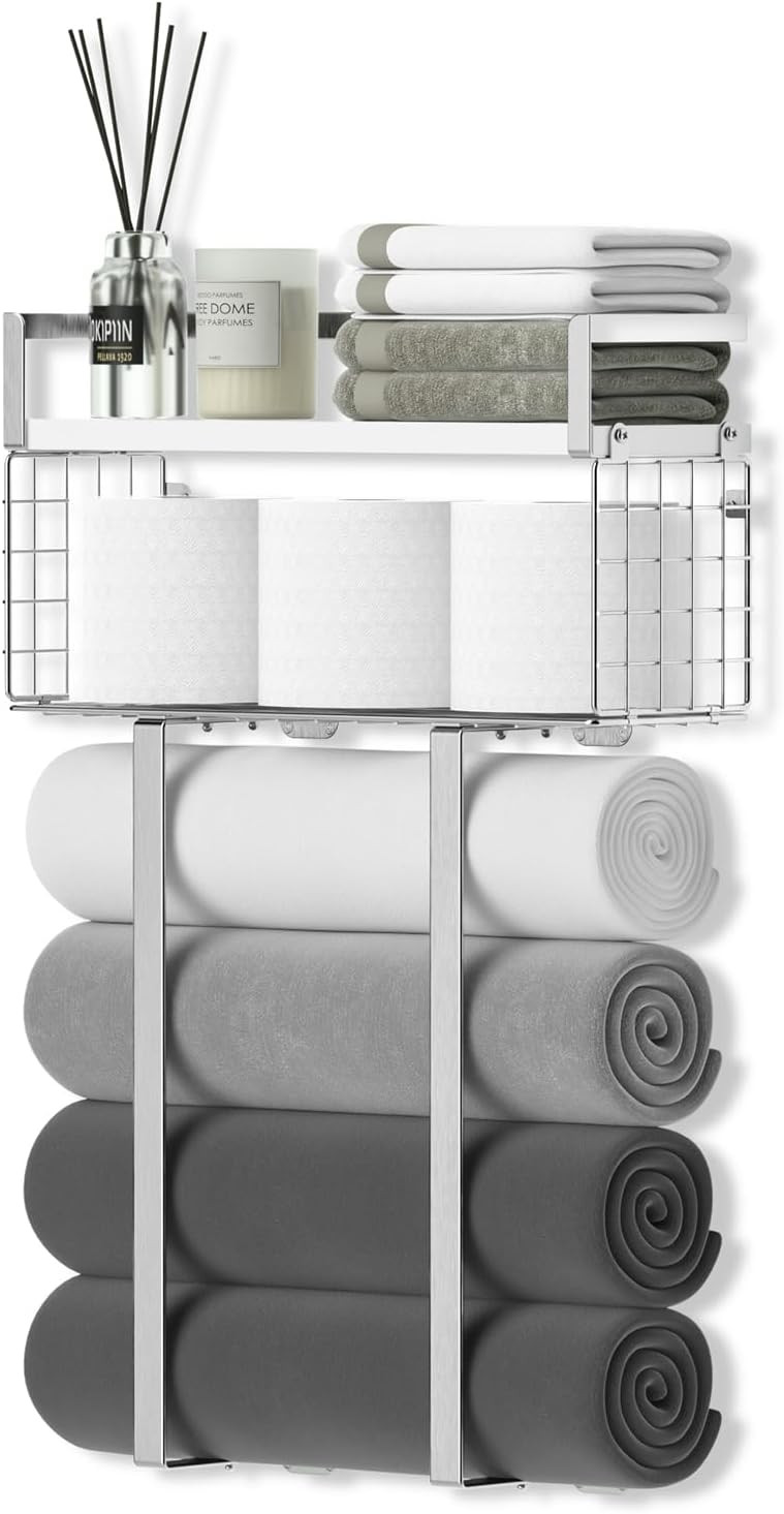 Towel Racks for Bathroom, Bathroom Shelf Over Toilet,Floating Shelves with Towel Rack Paper Holder Storage Basket,Floating Shelves for Wall Decor,Silver | Amazon (US)