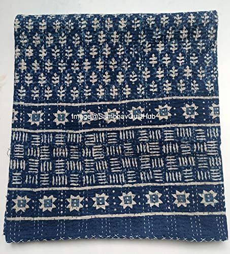 Blue Indigo Print Cotton Handmade Handblock Quilted Blanket Indian Cottodspread Kantha Indigo Pri... | Amazon (US)