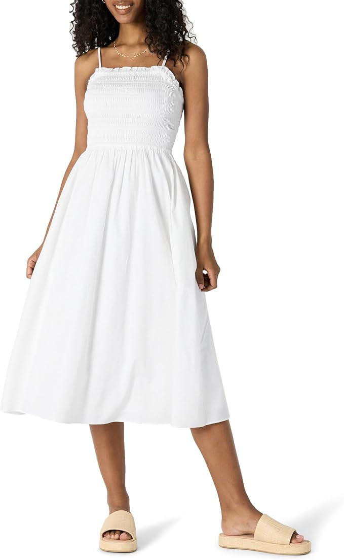 Amazon Essentials Women's Regular-Fit Cotton Sateen Smocked Bodice Midi Dress | Amazon (US)