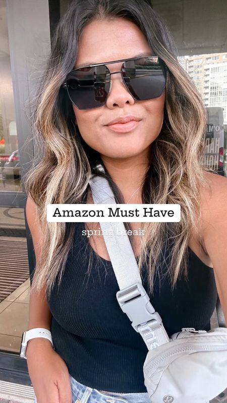 Travel and casual attire perfect for spring break!  Amazon oversized aviator sunglasses - Free People tank top dupe from Amazon (wearing a m/l long crop for these C-cup boobies) - lululemon belt bag - summer outfit - asian - Filipino - petite style - mom style 

#LTKtravel #LTKsalealert #LTKfindsunder50