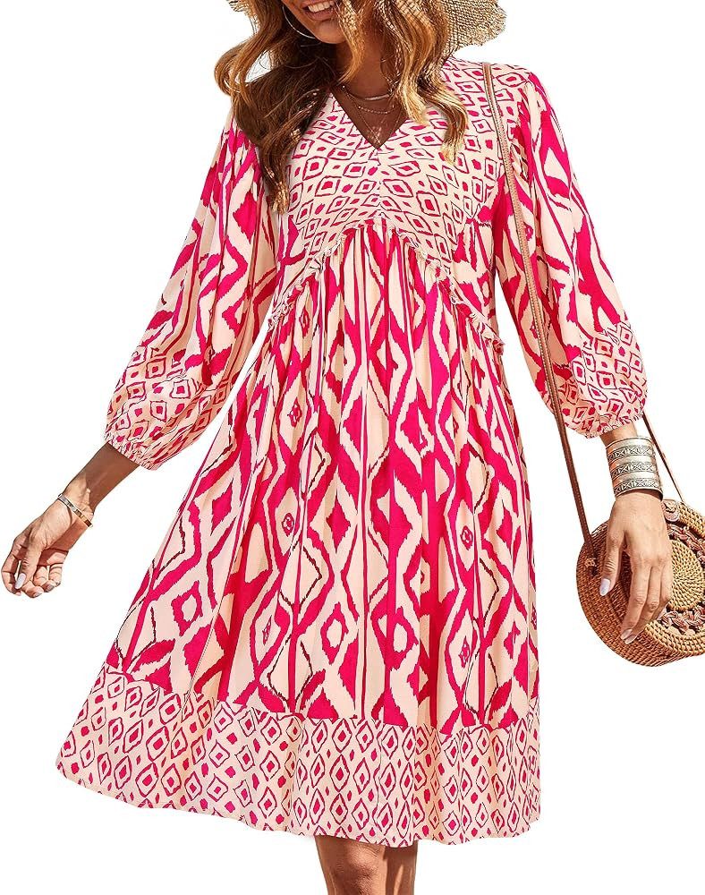 BTFBM Women Casual Spring Summer Dresses V Neck 3/4 Long Sleeve Ruffle Floral Flowy Boho Babydoll... | Amazon (US)