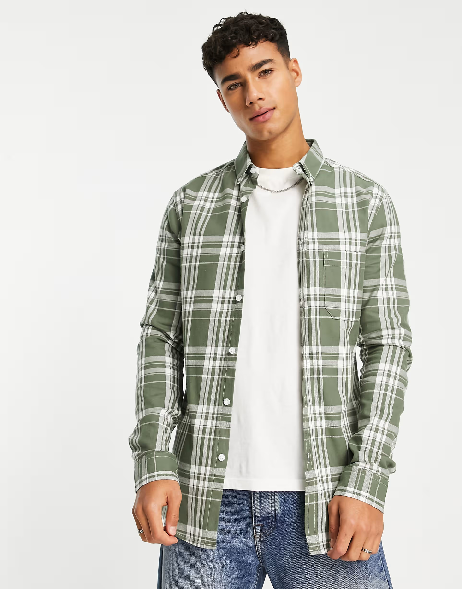ASOS DESIGN stretch skinny check shirt in khaki | ASOS (Global)