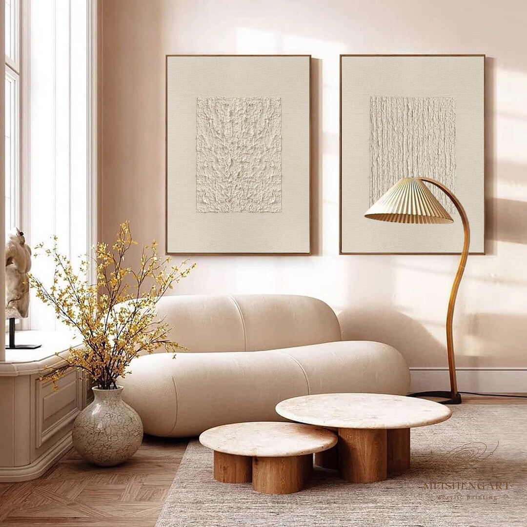 Neutral Wall Art Pure Beige Wall Art 3D Beige Minimalist Set of 2 Painting Textured Wall Art Trip... | Etsy (US)