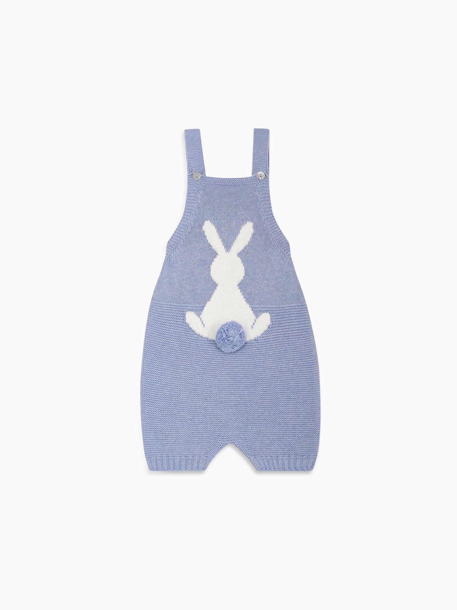 Blue Crispa Cotton Bunny Baby Knitted Dungarees | La Coqueta (US)