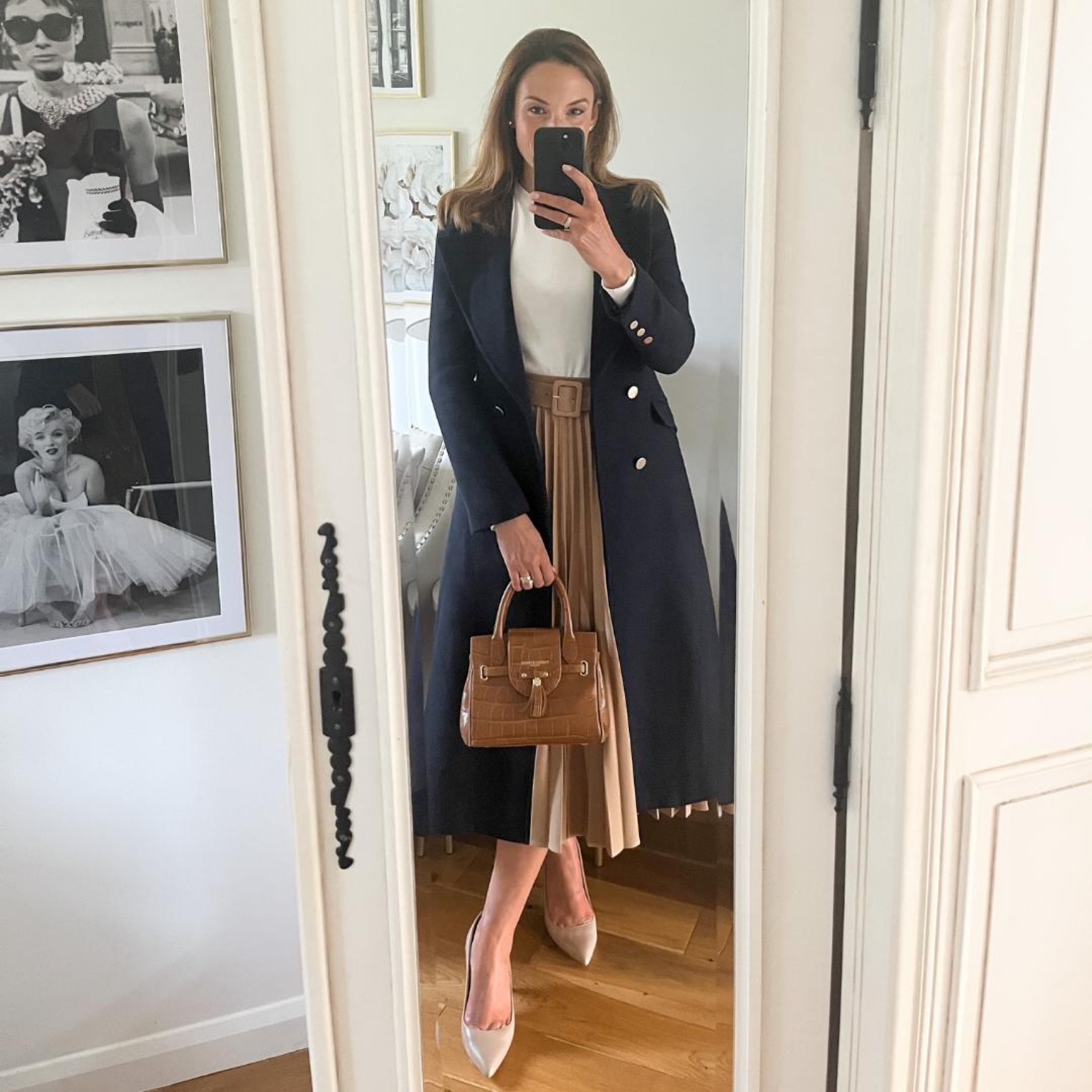 Navy coat, white knit top, brown maxi skirt, brown bag, nude point toe courts

#LTKstyletip #LTKeurope #LTKSeasonal
