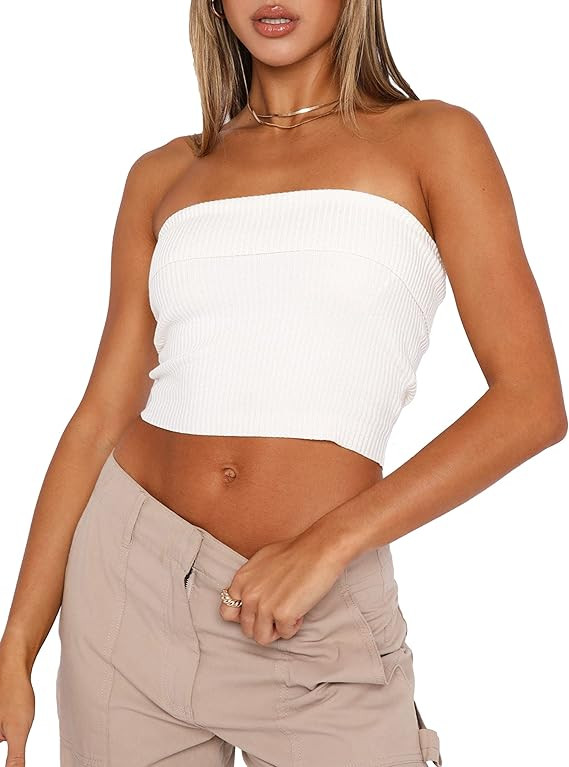PICPUNMAK Women Solid Strapless Bandeau Tube Crop Top Casual Slim Fit Sleeveless Ribbed Cropped T... | Amazon (US)