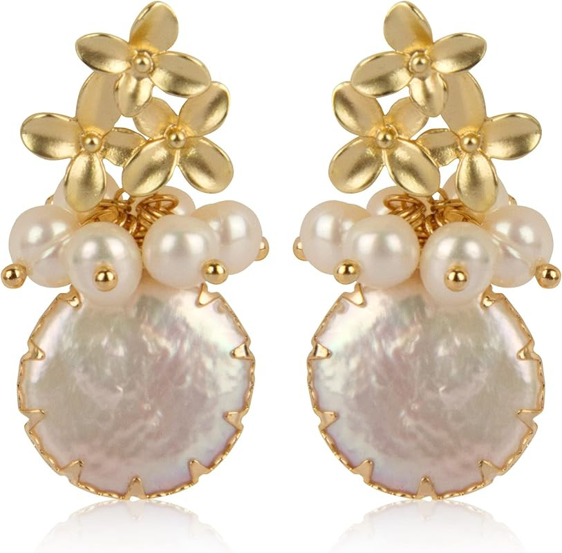 ELEXIS 18k Gold Big Baroque Pearl Earrings For Women Dangle Handmade Trendy Wedding White Real Fr... | Amazon (US)