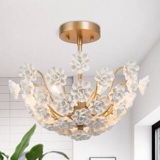 Uolfin Mid-Century Modern Center Bowl Ceiling Light 3-Light Brass Gold Semi-Flush Mount Light wit... | The Home Depot