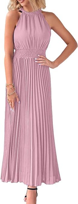 PRETTYGARDEN Women's Long Sun Dresses Sleeveless Halter Neck Flowy Pleated Maxi Cocktail Party Dr... | Amazon (US)