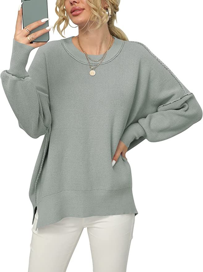 ANRABESS Women Crewneck Batwing Sleeve Oversized Side Slit Ribbed Knit Pullover Sweater Top | Amazon (US)