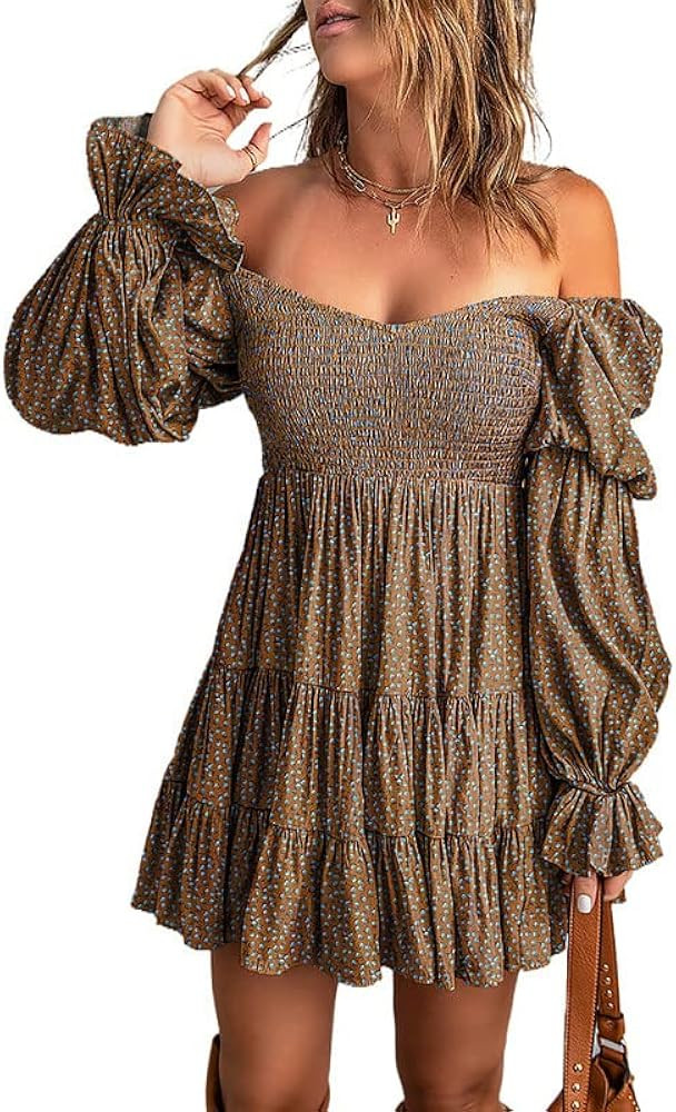 Dokotoo Womens 2023 Summer Spring Elegant Off The Shoulder V Neck Long Sleeve Ruffle Flowy Mini S... | Amazon (US)