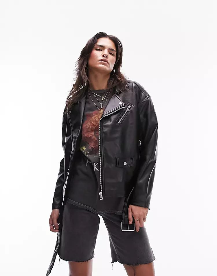 Topshop faux over sized moto jacket in black | ASOS (Global)