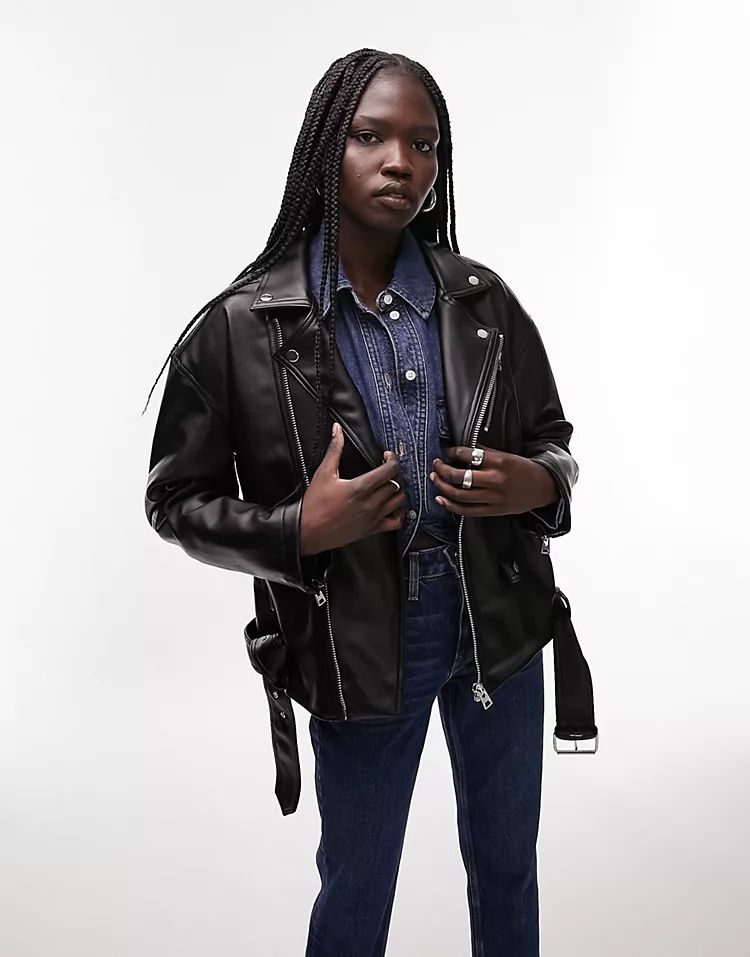 Topshop faux over sized moto jacket in black | ASOS (Global)