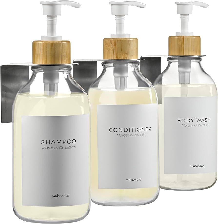 MaisoNovo Shampoo and Conditioner Dispenser with Wall Mounts | Set of 3 Clear Plastic Bottles Bam... | Amazon (US)