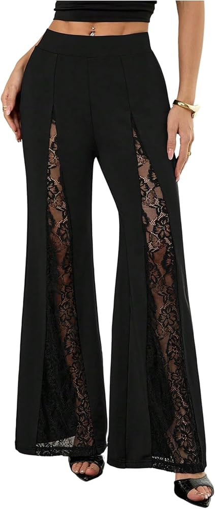 WDIRARA Women's Lace Flare Pants High Waisted Bell Bottom Trousers Work Dressy Pants | Amazon (US)