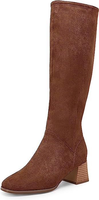 Womens Knee High Boots Mid Chunky Heel Round Toe Faux Suede Side Zipper Riding Booties | Amazon (US)