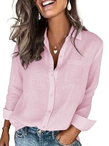 BBIBBI Women's Long Sleeve Button Down Shirt for Women Dressy Casual Dress Shirts Button Up Cotton Blouses Long Sleeve Pink Summer Beach Shirt with Pocket Lightweight Breathable Size XL | Amazon (US)