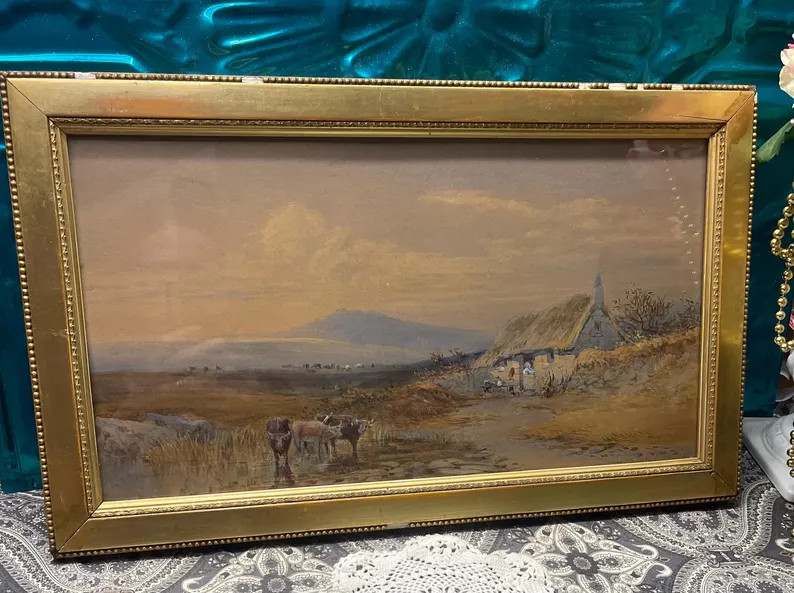 Antique or Vintage Landscape- Farm- Herd Painting Under Glass in Clearly Damaged Wood Frame - Ets... | Etsy (Global)