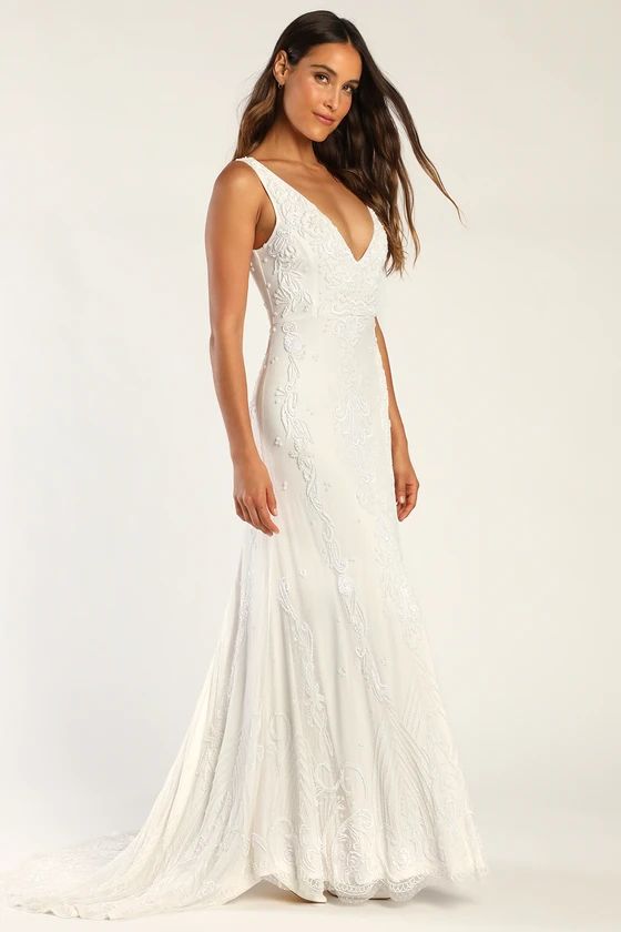 Passionate Romance White Beaded Sequin Mermaid Maxi Dress | Lulus (US)