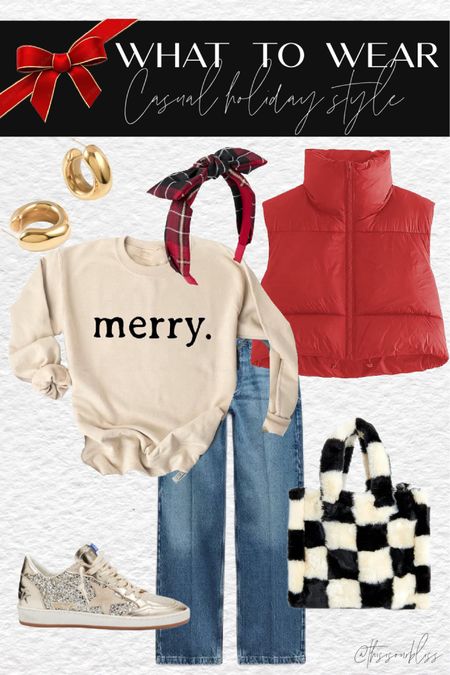 Casual holiday style! Merry sweatshirt, jeans, and cropped red puffer vest! ❤️Golden goose glitter sneakers, hoop earrings, and a checkered Sherpa bag with plaid headband! ❤️🎄
Amazon fashion 
Holiday style 
Casual holiday outfit idea 
Casual outfit inspo 

#LTKstyletip #LTKHoliday #LTKfindsunder50