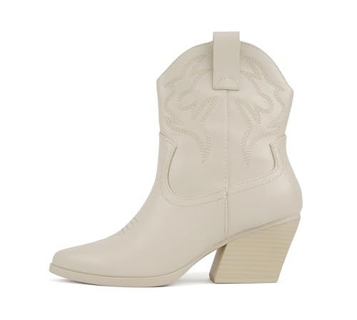 Soda “BLAZING” ~ Women Western Stitched Pointe Toe Low Heel High Top Ankle Shaft Boot Bootie (BONE PU, us_footwear_size_system, adult, women, numeric, medium, numeric_6) | Amazon (US)