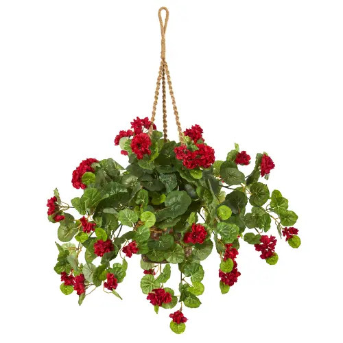 NEARLY NATURAL 27-in Geranium Artificial Plant in Hanging Basket in Red at Nordstrom | Nordstrom