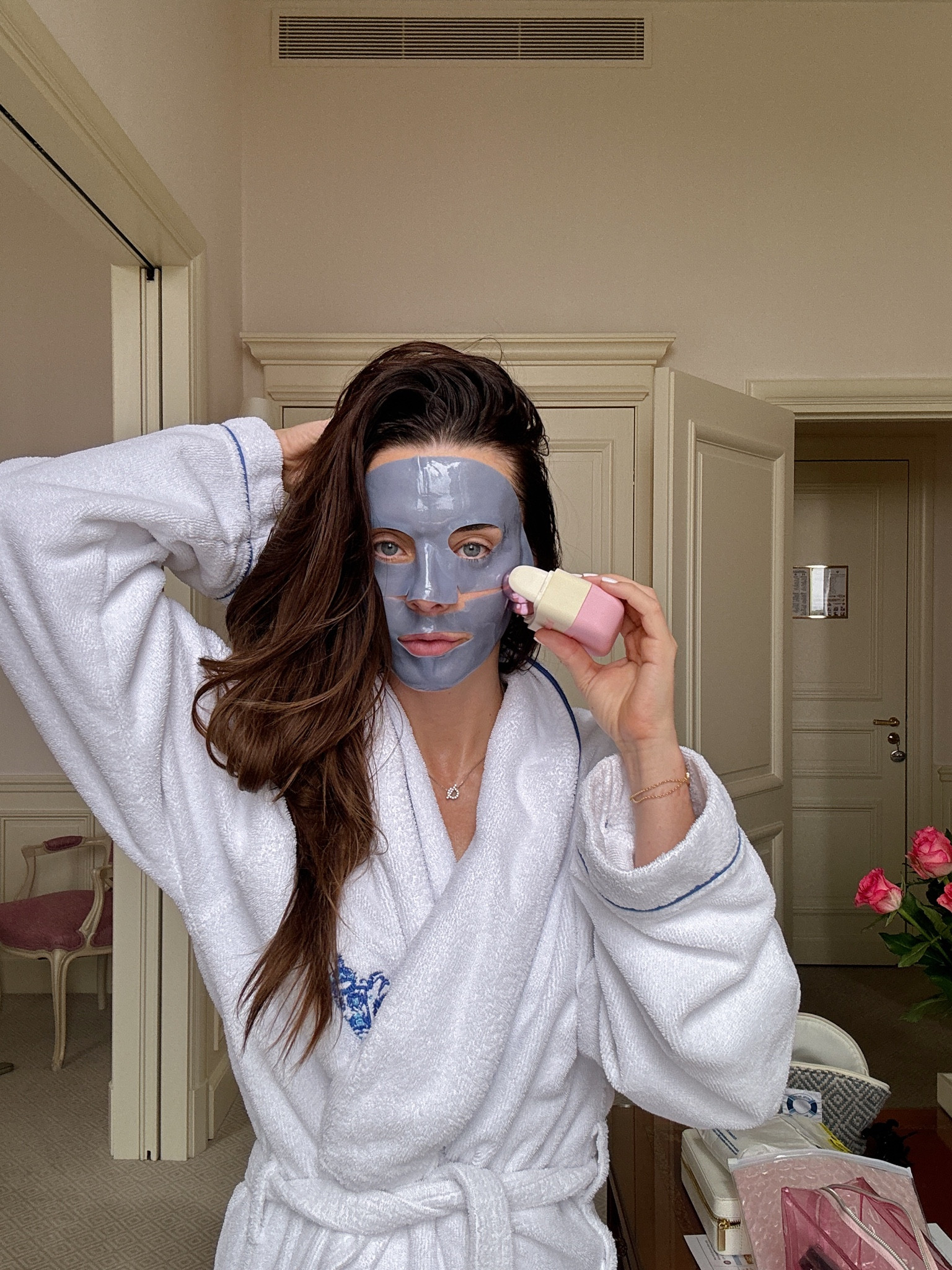 The morning skincare routine while traveling. Linked a similar robe that I use at home 🤍