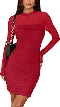 WIHOLL Women's Mesh Sheer Long Sleeve Ruched Mini Dress Sexy Bodycon Mock Neck Cocktail Party Clu... | Amazon (US)