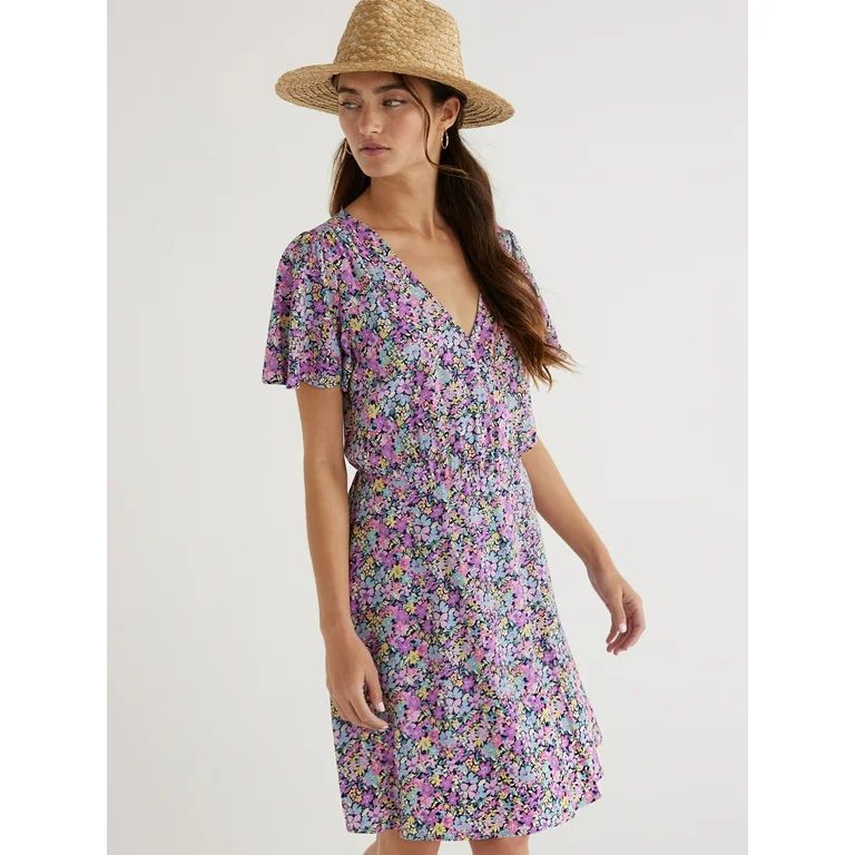 Time and Tru Women's Flutter Sleeve Faux Wrap Dress, Sizes XS-XXXL - Walmart.com | Walmart (US)