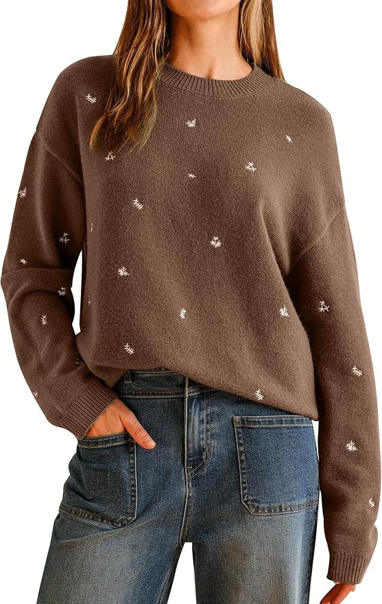 Arach&Cloz Womens Wool Blend Embroidery Floral Oversized Fit Sweater Trendy 2025 | Amazon (US)