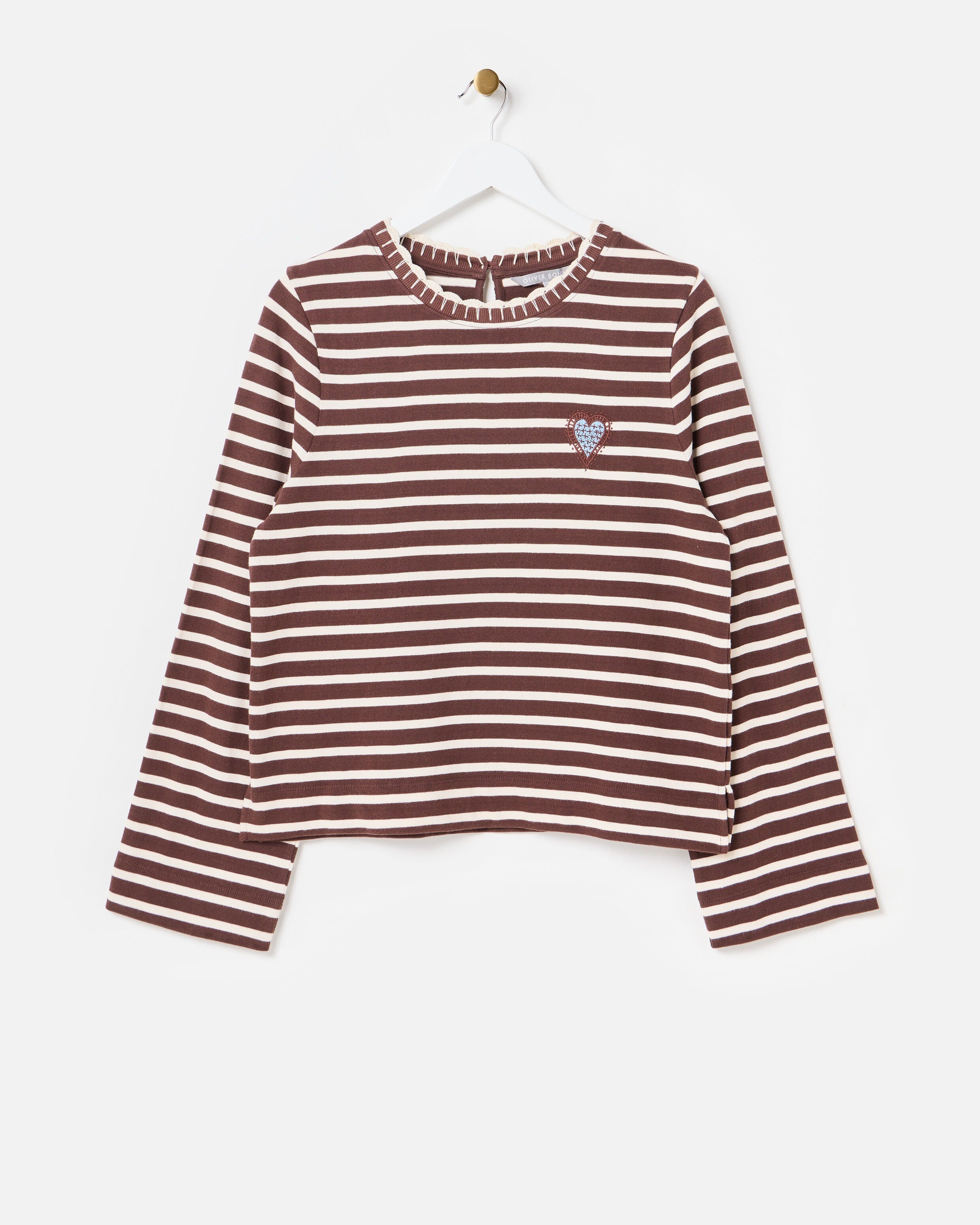 Chocolate Brown & White Striped Heart Embroidered Long Sleeve Top | Oliver Bonas | Oliver Bonas (Global)