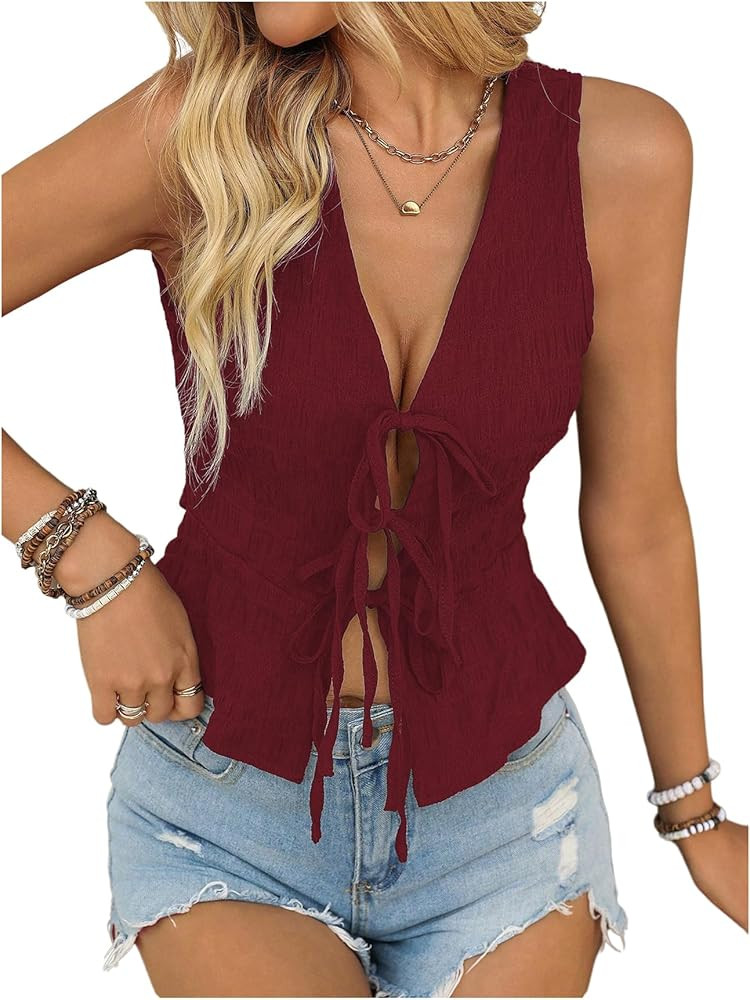 SweatyRocks Women's Tie Front Sleeveless Vest Tank Top Y2K Crop Top Going Out Western Outfits | Amazon (US)