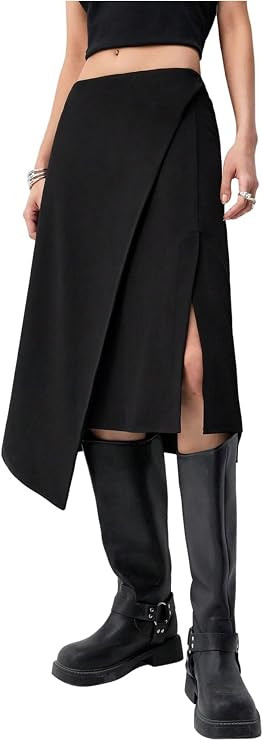 OYOANGLE Women's Asymmetrical Wrap Midi Skirt Low Rise Slit Y2K Skirt | Split, Knee Length, Going... | Amazon (US)
