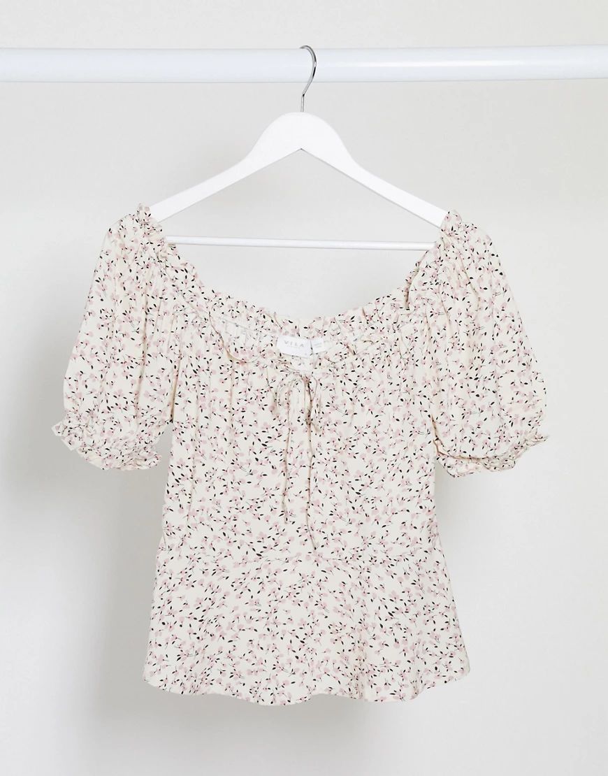 Vila off shoulder top with puff sleeves in pink ditsy floral-Multi | ASOS (Global)