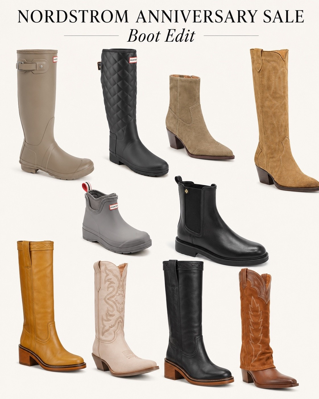 Some of my favorite boots including my Hunter rain boots, my neutral cowboy boots, the Tory Burch Chelsea boot and my Sperry all-weather duck boot.

Nordstrom Anniversary Sale early access begins July 14 for Icon cardmembers, July 15 for Ambassador cardmembers, July 16 for Influencer cardmembers, and opens to the public on July 18.